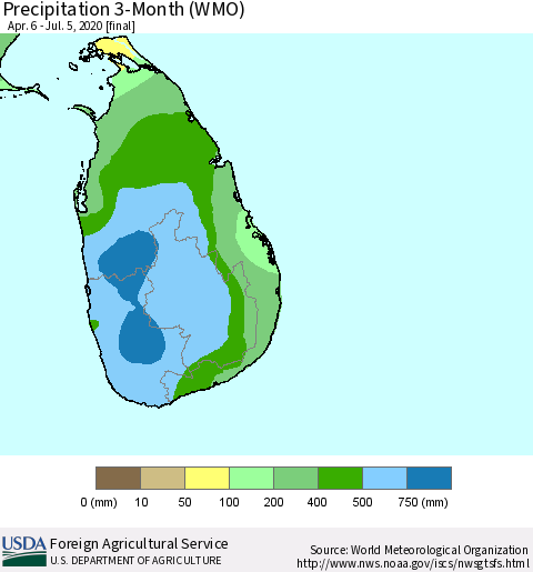 Sri Lanka Precipitation 3-Month (WMO) Thematic Map For 4/6/2020 - 7/5/2020