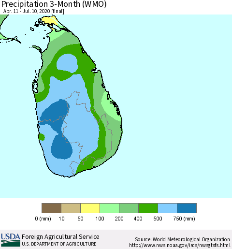 Sri Lanka Precipitation 3-Month (WMO) Thematic Map For 4/11/2020 - 7/10/2020