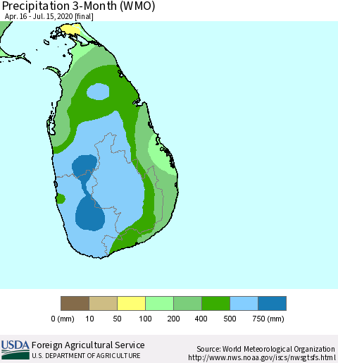 Sri Lanka Precipitation 3-Month (WMO) Thematic Map For 4/16/2020 - 7/15/2020