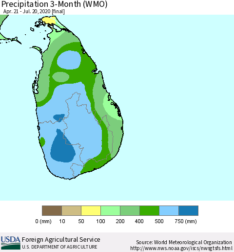 Sri Lanka Precipitation 3-Month (WMO) Thematic Map For 4/21/2020 - 7/20/2020