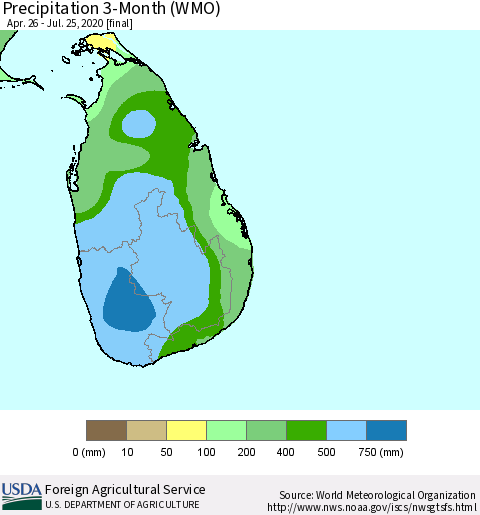 Sri Lanka Precipitation 3-Month (WMO) Thematic Map For 4/26/2020 - 7/25/2020