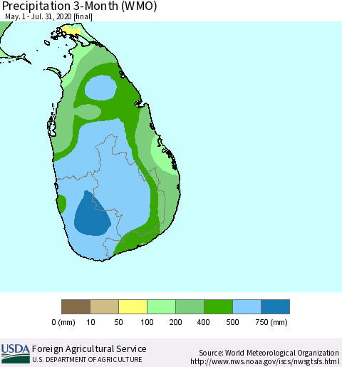 Sri Lanka Precipitation 3-Month (WMO) Thematic Map For 5/1/2020 - 7/31/2020