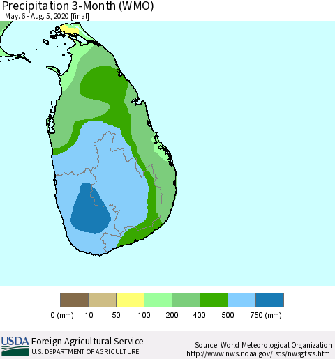 Sri Lanka Precipitation 3-Month (WMO) Thematic Map For 5/6/2020 - 8/5/2020