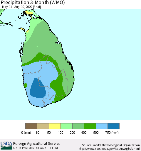Sri Lanka Precipitation 3-Month (WMO) Thematic Map For 5/11/2020 - 8/10/2020