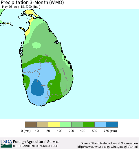 Sri Lanka Precipitation 3-Month (WMO) Thematic Map For 5/16/2020 - 8/15/2020