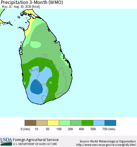 Sri Lanka Precipitation 3-Month (WMO) Thematic Map For 5/21/2020 - 8/20/2020