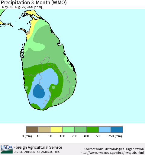 Sri Lanka Precipitation 3-Month (WMO) Thematic Map For 5/26/2020 - 8/25/2020