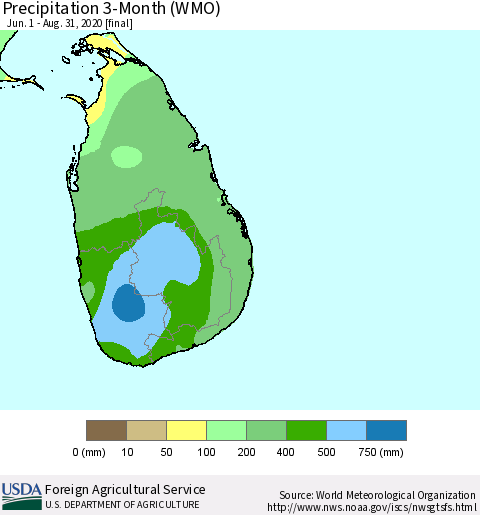 Sri Lanka Precipitation 3-Month (WMO) Thematic Map For 6/1/2020 - 8/31/2020