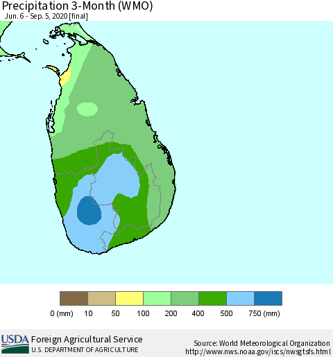 Sri Lanka Precipitation 3-Month (WMO) Thematic Map For 6/6/2020 - 9/5/2020