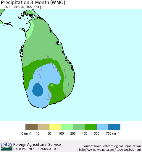 Sri Lanka Precipitation 3-Month (WMO) Thematic Map For 6/21/2020 - 9/20/2020