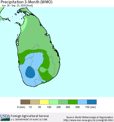 Sri Lanka Precipitation 3-Month (WMO) Thematic Map For 6/26/2020 - 9/25/2020