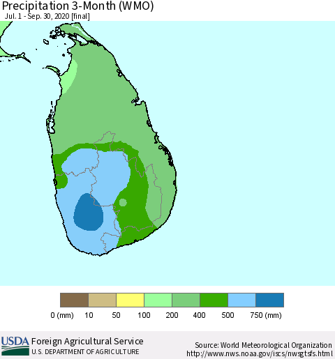 Sri Lanka Precipitation 3-Month (WMO) Thematic Map For 7/1/2020 - 9/30/2020