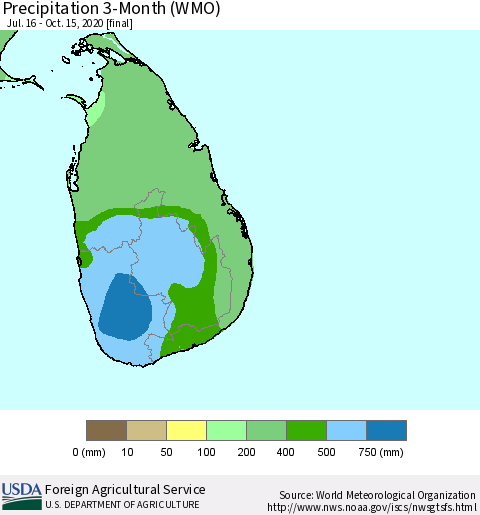 Sri Lanka Precipitation 3-Month (WMO) Thematic Map For 7/16/2020 - 10/15/2020