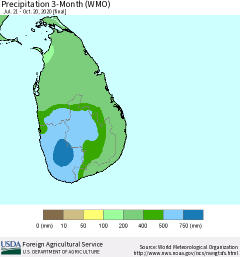 Sri Lanka Precipitation 3-Month (WMO) Thematic Map For 7/21/2020 - 10/20/2020