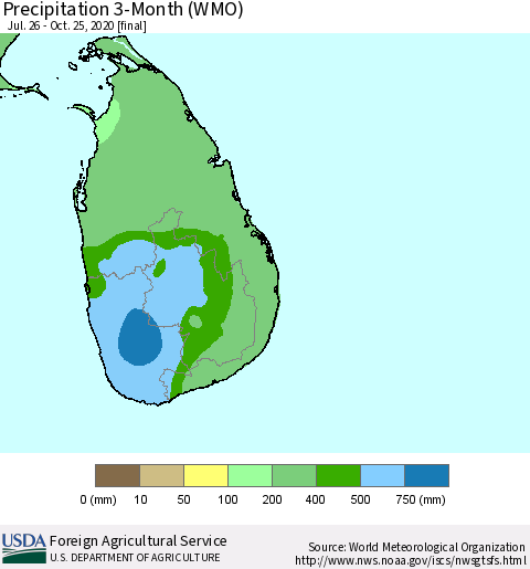 Sri Lanka Precipitation 3-Month (WMO) Thematic Map For 7/26/2020 - 10/25/2020