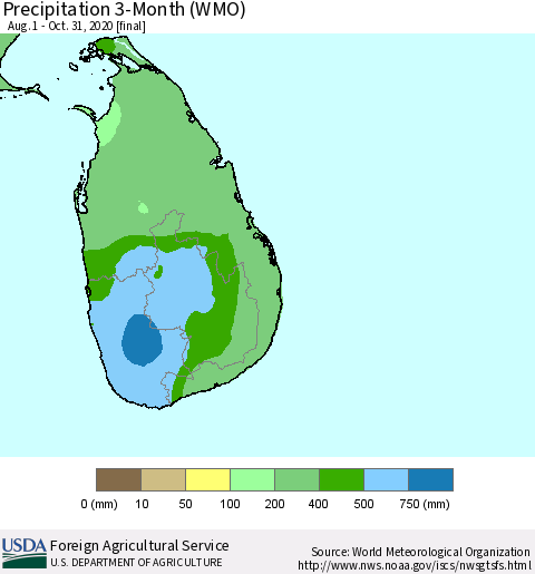 Sri Lanka Precipitation 3-Month (WMO) Thematic Map For 8/1/2020 - 10/31/2020
