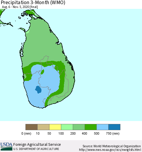 Sri Lanka Precipitation 3-Month (WMO) Thematic Map For 8/6/2020 - 11/5/2020