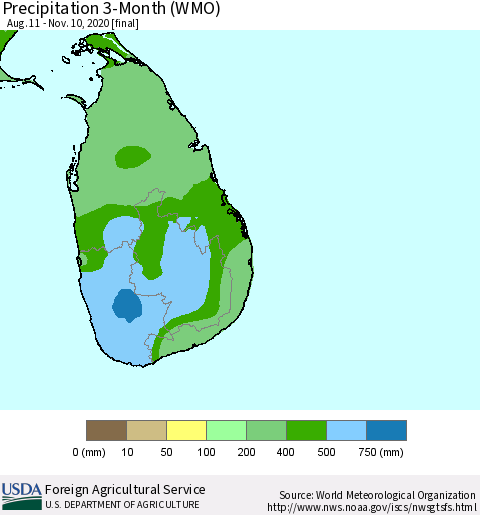 Sri Lanka Precipitation 3-Month (WMO) Thematic Map For 8/11/2020 - 11/10/2020