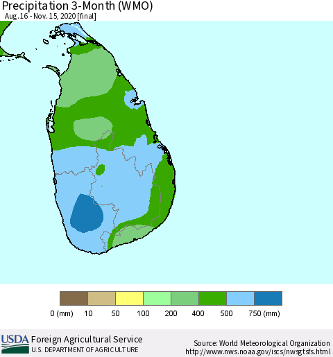 Sri Lanka Precipitation 3-Month (WMO) Thematic Map For 8/16/2020 - 11/15/2020