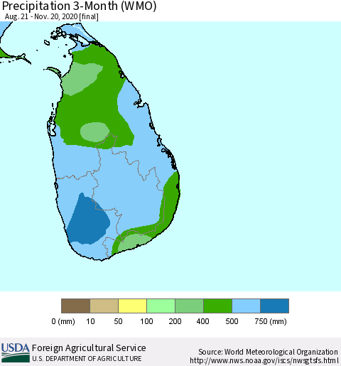 Sri Lanka Precipitation 3-Month (WMO) Thematic Map For 8/21/2020 - 11/20/2020