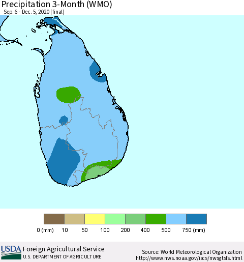 Sri Lanka Precipitation 3-Month (WMO) Thematic Map For 9/6/2020 - 12/5/2020