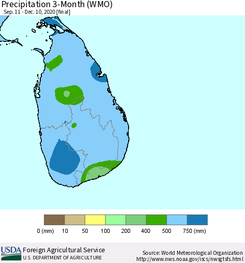 Sri Lanka Precipitation 3-Month (WMO) Thematic Map For 9/11/2020 - 12/10/2020