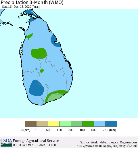 Sri Lanka Precipitation 3-Month (WMO) Thematic Map For 9/16/2020 - 12/15/2020