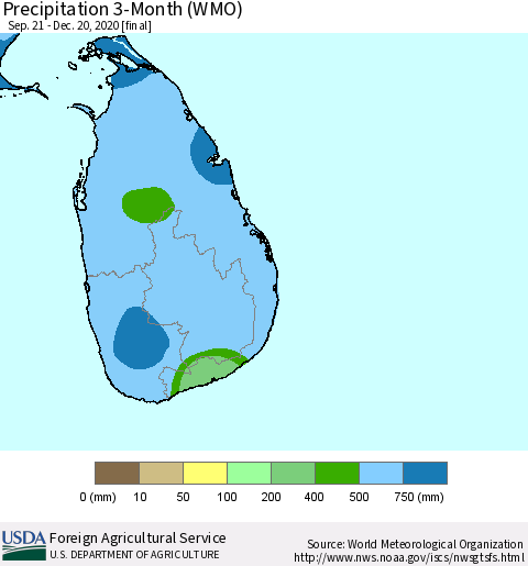 Sri Lanka Precipitation 3-Month (WMO) Thematic Map For 9/21/2020 - 12/20/2020