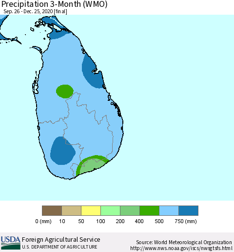 Sri Lanka Precipitation 3-Month (WMO) Thematic Map For 9/26/2020 - 12/25/2020