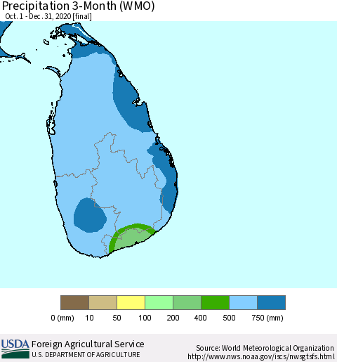 Sri Lanka Precipitation 3-Month (WMO) Thematic Map For 10/1/2020 - 12/31/2020