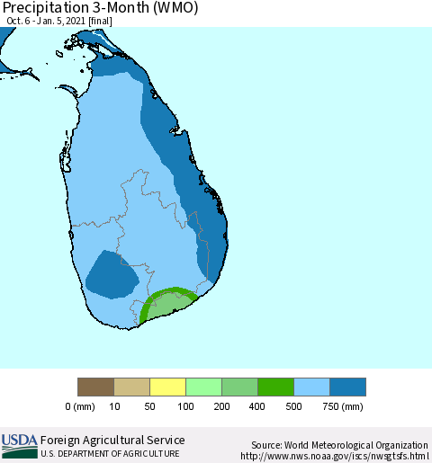 Sri Lanka Precipitation 3-Month (WMO) Thematic Map For 10/6/2020 - 1/5/2021