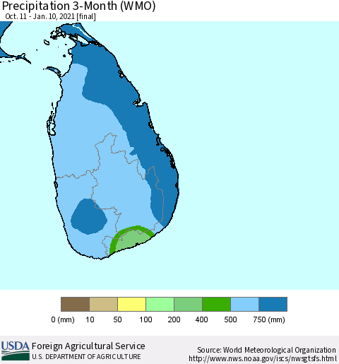 Sri Lanka Precipitation 3-Month (WMO) Thematic Map For 10/11/2020 - 1/10/2021