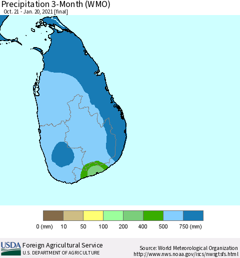 Sri Lanka Precipitation 3-Month (WMO) Thematic Map For 10/21/2020 - 1/20/2021