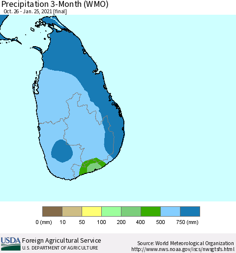 Sri Lanka Precipitation 3-Month (WMO) Thematic Map For 10/26/2020 - 1/25/2021