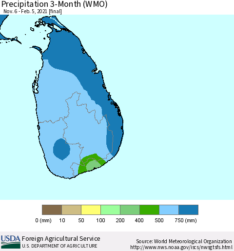 Sri Lanka Precipitation 3-Month (WMO) Thematic Map For 11/6/2020 - 2/5/2021