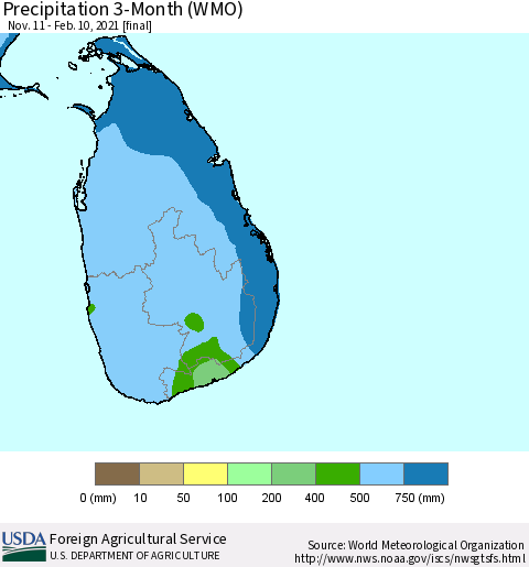 Sri Lanka Precipitation 3-Month (WMO) Thematic Map For 11/11/2020 - 2/10/2021