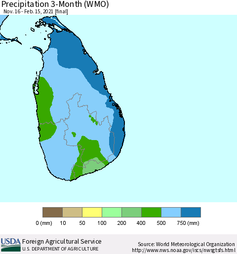 Sri Lanka Precipitation 3-Month (WMO) Thematic Map For 11/16/2020 - 2/15/2021
