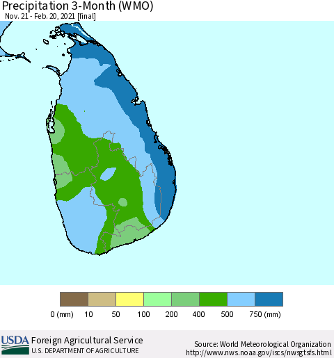 Sri Lanka Precipitation 3-Month (WMO) Thematic Map For 11/21/2020 - 2/20/2021