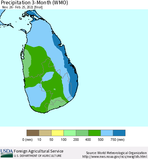Sri Lanka Precipitation 3-Month (WMO) Thematic Map For 11/26/2020 - 2/25/2021