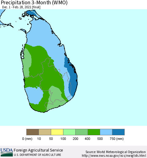 Sri Lanka Precipitation 3-Month (WMO) Thematic Map For 12/1/2020 - 2/28/2021