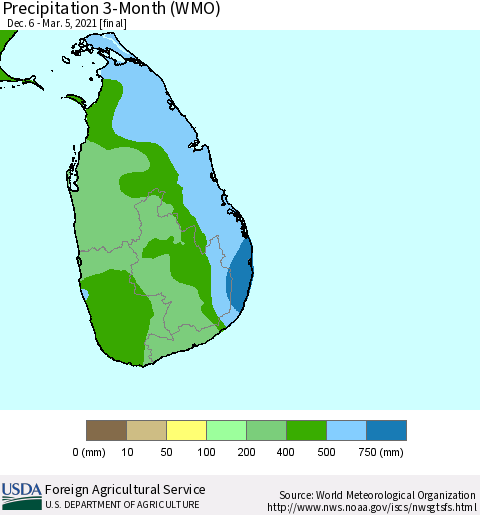 Sri Lanka Precipitation 3-Month (WMO) Thematic Map For 12/6/2020 - 3/5/2021