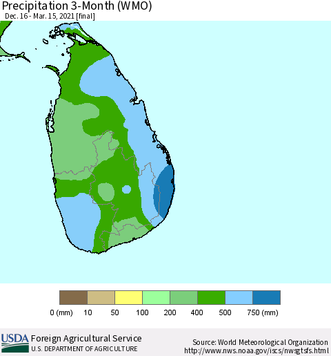 Sri Lanka Precipitation 3-Month (WMO) Thematic Map For 12/16/2020 - 3/15/2021
