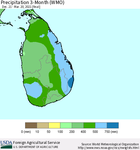 Sri Lanka Precipitation 3-Month (WMO) Thematic Map For 12/21/2020 - 3/20/2021