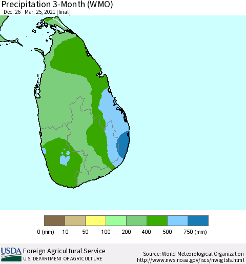 Sri Lanka Precipitation 3-Month (WMO) Thematic Map For 12/26/2020 - 3/25/2021