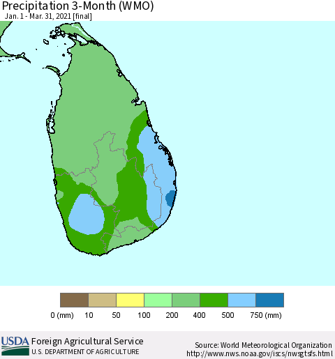 Sri Lanka Precipitation 3-Month (WMO) Thematic Map For 1/1/2021 - 3/31/2021