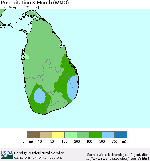Sri Lanka Precipitation 3-Month (WMO) Thematic Map For 1/6/2021 - 4/5/2021