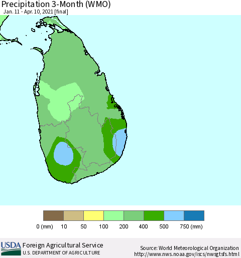 Sri Lanka Precipitation 3-Month (WMO) Thematic Map For 1/11/2021 - 4/10/2021