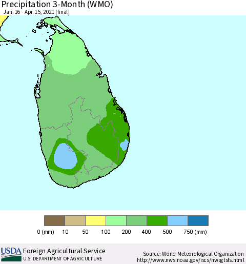 Sri Lanka Precipitation 3-Month (WMO) Thematic Map For 1/16/2021 - 4/15/2021