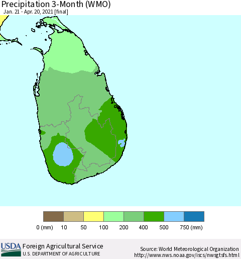Sri Lanka Precipitation 3-Month (WMO) Thematic Map For 1/21/2021 - 4/20/2021