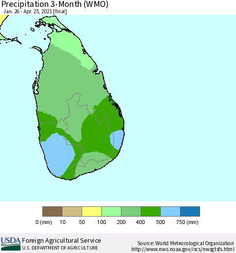 Sri Lanka Precipitation 3-Month (WMO) Thematic Map For 1/26/2021 - 4/25/2021